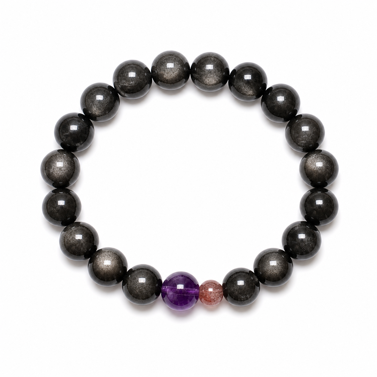 Furnace Fire — 炉中火 bracelet, silver obsidian with amethyst and strawberry quartz