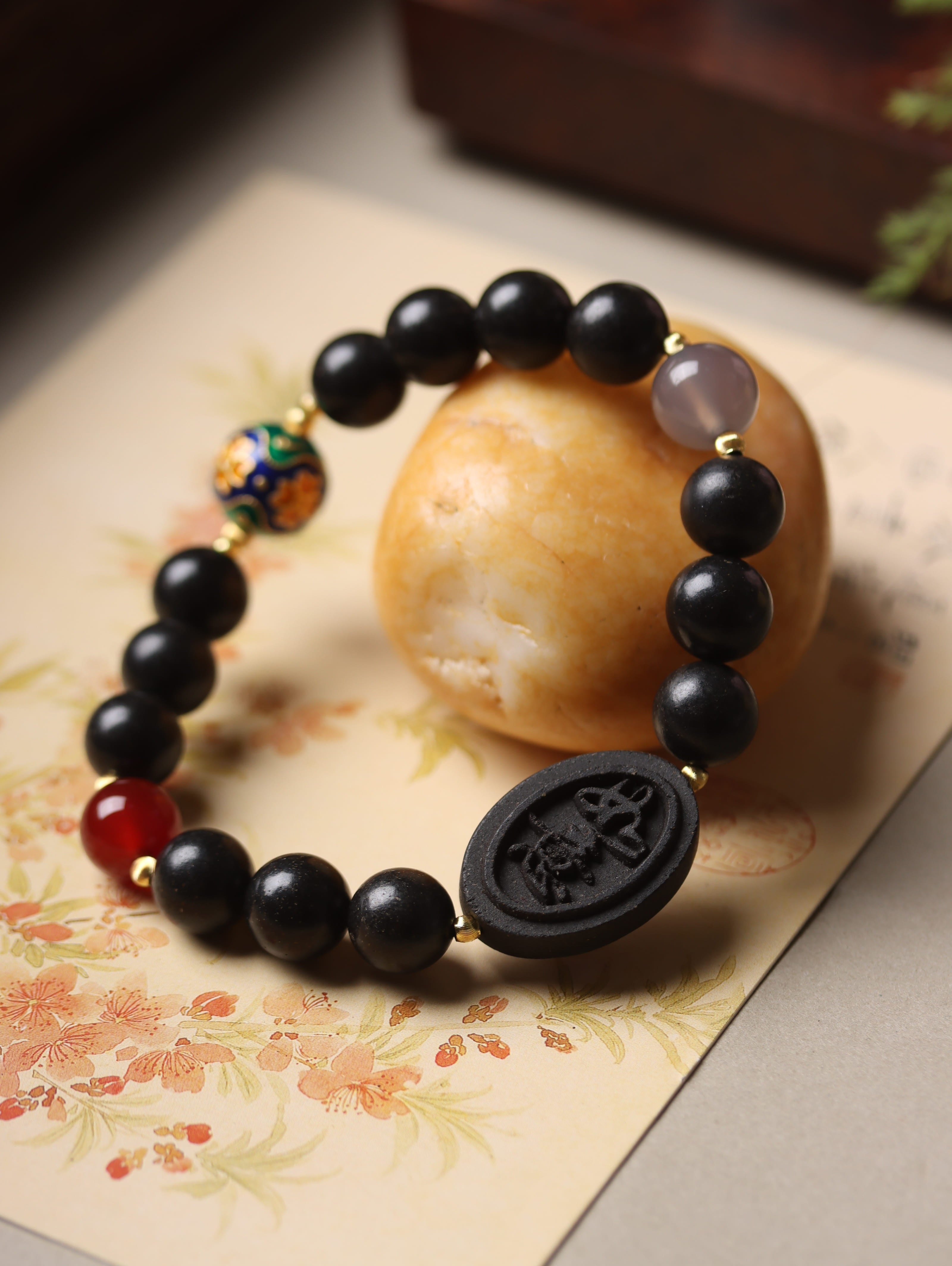 Obsidian & Cloisonné Talisman Bracelet